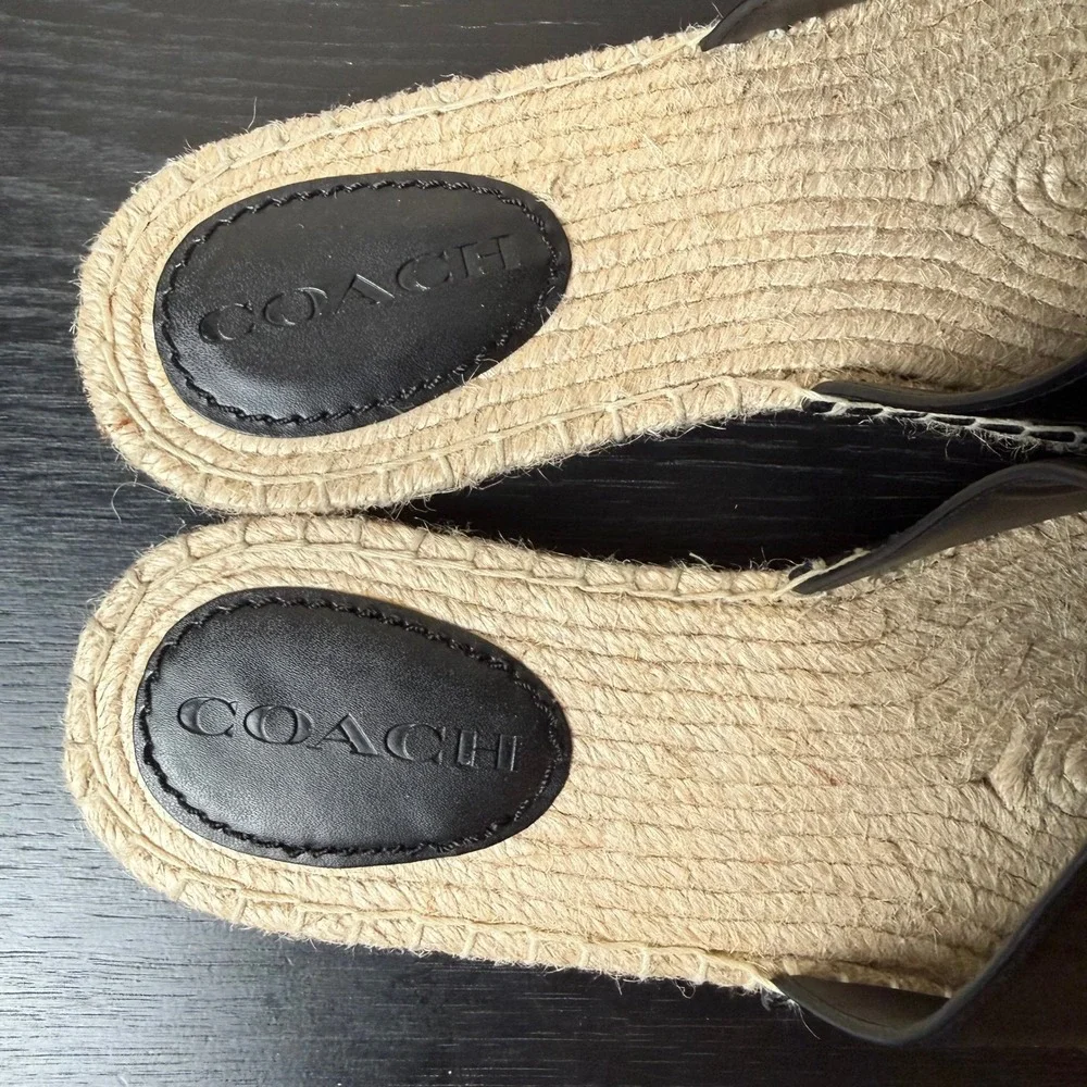 Coach Camille Espadrille Jute Slide Sandals Black Leather Gold Horse Carriage 9B